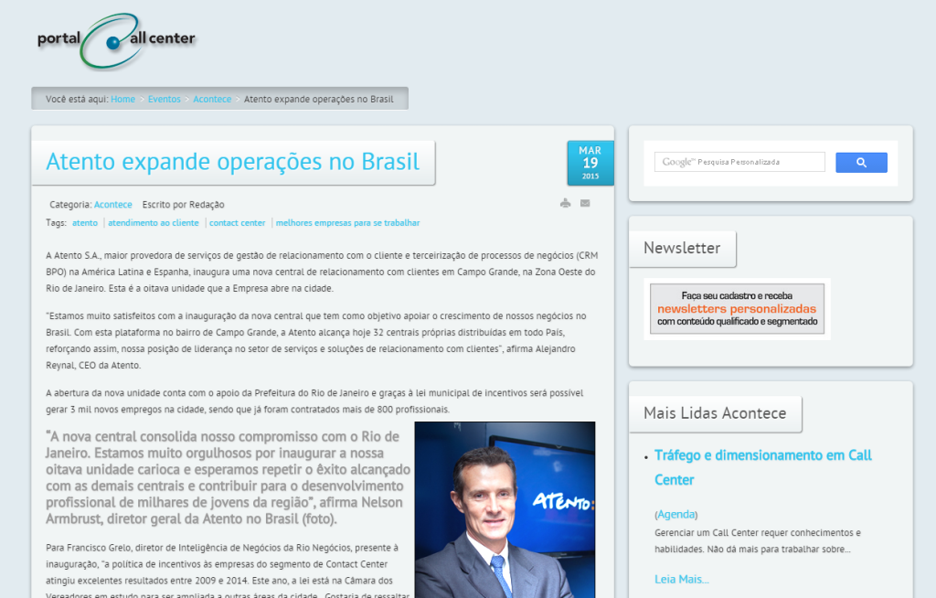 Portal Call Center - Atento expande operações no Brasil
