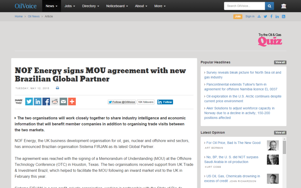 2015-06-15 OilVoice - NOF Energy signs MOU agreement with new Brazilian Global Partner