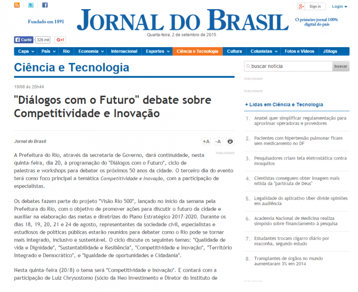 Jornal do Brasil 19-08-2015 Diálogos com o Futuro debate sobre Competitividade de Inovação